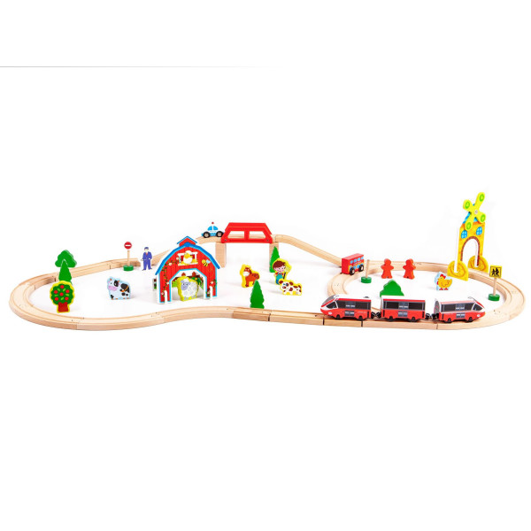 Дерев'яна залізниця Ecotoys з потягом на батарейках HM180995